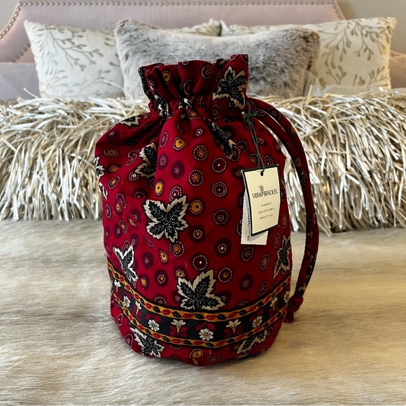 VINTAGE New VERA BRADLEY Red Coin 1999 Ditty Bag Leaves Green Drawstring Travel - Picture 1 of 14